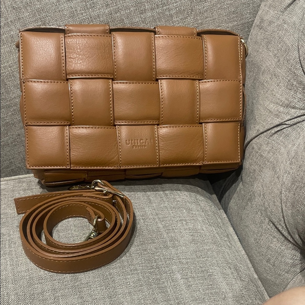 Made in Italy bottega cassette inspired cognac Woven Crossbody Bag